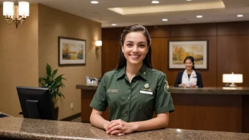 En person i serviceuniform, med et vennlig smil, stående foran en hotellresepsjon.