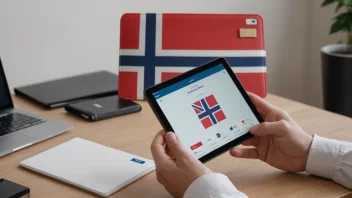 En student med en tablet og et norsk flagg i bakgrunnen, som symboliserer den økonomiske støtten fra staten.