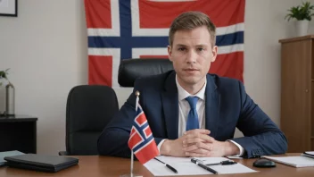 En bystyrerepresentant som sitter ved et skrivebord med et norsk flagg i bakgrunnen.