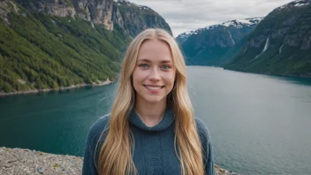 En ung norsk kvinne med et strålende smil og en storslagen fjord bak henne.