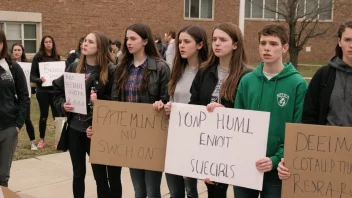 En gruppe studenter som protesterer utenfor en skolebygning, med skilt som leser 'Rettferdighet i utdanningen' og 'Studentrettigheter'.