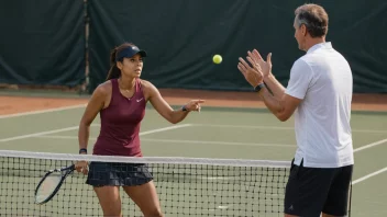 En tennistrener i aksjon, som instruerer en spiller på en tennisbane