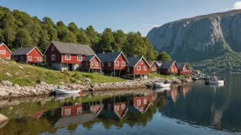 Et pittoreskt kystbilde fra Sørlandet med tradisjonelle trehus og båter.