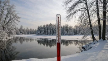 Et vinterlandskap med snødekte trær og en frossen innsjø i bakgrunnen, med et termometer som viser en lav temperatur i forgrunnen.