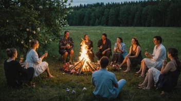 En midtsommerfeiring med bål, blomster og mennesker som har det gøy.