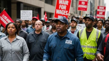 En gruppe arbeidere som protesterer for bedre lønn og arbeidsforhold, med en sterk leder i front.