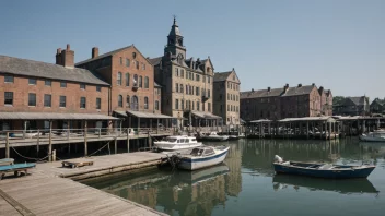 Et bryggeområde med gamle bygninger og båter.