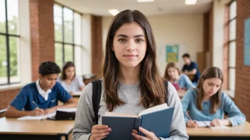 En student som velger mellom ulike fag, med en bakgrunn av en skole eller universitet.