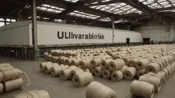 En fabrikkbygning med en skilt som leser 'Ullvarefabrikk' på norsk, omgitt av ruller av garn og tekstilprodukter