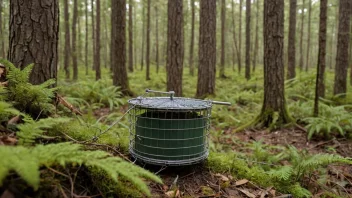 En snarefangst i en skog, med et lite dyr fanget i den.