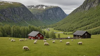 En pittoresk fjellgård i Norge med et lite hytte og sauer som beiter i åsene.