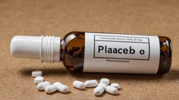 En flaske sukkerpiller med en etikett som sier 'placebo' i en medisinsk setting