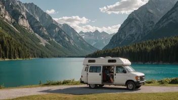 En camper parkert i et naturskjønt område, med en person som slapper av utenfor.