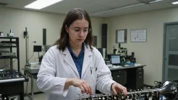 Et bilde av en person som spiller et musikkinstrument i et vitenskapelig laboratorium, som viser sammenhengen mellom musikk og vitenskap.