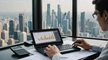 En person som arbeider på en datamaskin med en kalkulator og papirer i nærheten, med en bakgrunn av en bysilhuett med skyskrapere og et svakt bilde av en graf eller diagram.