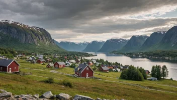 Et idyllisk norsk landskap med en liten landsby