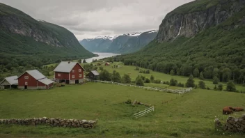 Et pittoreskt norsk gårdsbruk med en skilt som viser navnet 'Aasen'