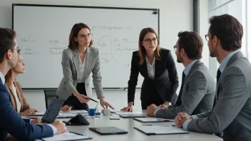 En gruppe fagfolk samlet rundt et bord, engasjert i en diskusjon, med en whiteboard eller presentasjonsskjerm i bakgrunnen.