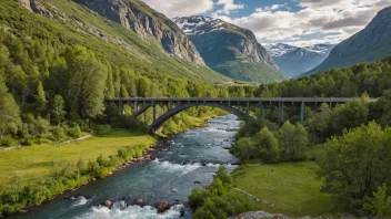 Et malerisk bilde av Bøverbru, en bro som krysser over Bøverelva i Bøverdalen, omgitt av frodige grønne fjell og rolige vann.