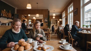 En koselig norsk kafé med mennesker som nyter kaffe og kaker.