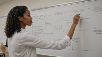 En person i en lederrolle, stående foran en whiteboard med en prosjektplan