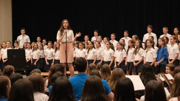 En livlig skolekonsert med elever som fremfører musikk og synger på scenen