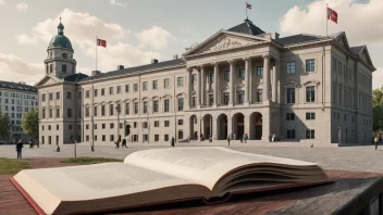 Et bilde av en norsk regjeringsbygning med en stor bok eller dokument i forgrunnen, som representerer statsregulativet.