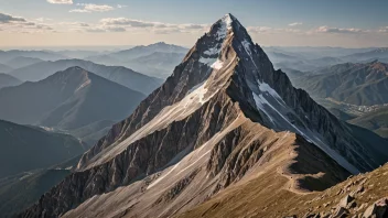 Et fjell med en karakteristisk topp, omgitt av bratte sider og kupert terreng.