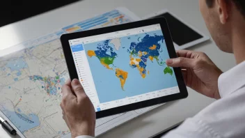 En person som analyserer aksjedata på en tablet, med et kart i bakgrunnen som representerer globale investeringer