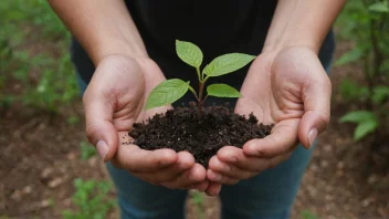 En person holder en liten plante i hendene sine, med en grønn bakgrunn for å representere vekst og bevaring.