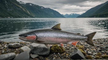 En fjordlaks som svømmer i det krystallklare vannet i en norsk fjord, omgitt av frodige grønne fjell og fossefall.