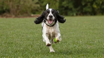 En glad og energisk engelsk cocker spaniel som leker apport i en vakker utendørs setting.