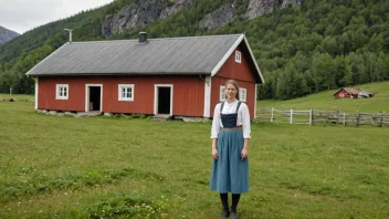 En ung kvinne i tradisjonelle norske klær står foran en gård.