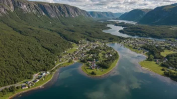 Flyfoto av Øyestads, en liten by i Norge.