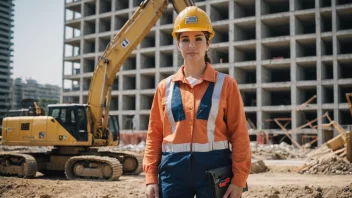 En arbeider i arbeidsuniform, med en verktøykasse og en hjelm, stående foran en byggeplass.