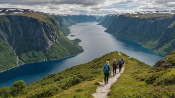 En storslagen utsikt over norske fjorder med en gruppe turgåere i bakgrunnen.