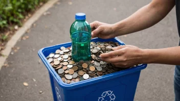 En person som holder en plastflaske og en resirkuleringsbehålder med noen mynter på toppen