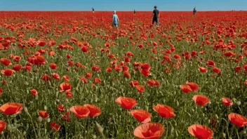 En vakker valmueåker med mennesker som går gjennom den.