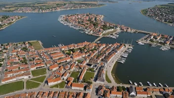 Flyfoto av Assens i Danmark, som viser byens maritime historie og kulturelle landemerker