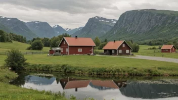 Et idyllisk norsk landskap med en liten gård eller hus i bakgrunnen, og en skilt med navnet 'Aagaard' i forgrunnen.