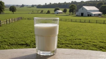 Et glass kald melk på et bord med en melkegård i bakgrunnen