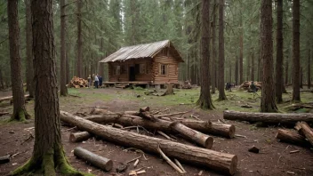 En skogscene med en trehytte og trestammebark, som representerer en barkåker.