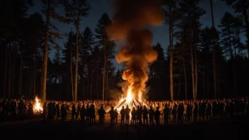 Et bål i skogen om natten.