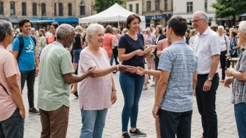 Et levende bytorv med mennesker av ulike aldre og bakgrunner samlet sammen, engasjert i ulike samfunnsaktiviteter.