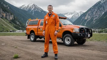 En bergingeniør i en lys orange jumpsuit, stående foran et redningskjøretøy.