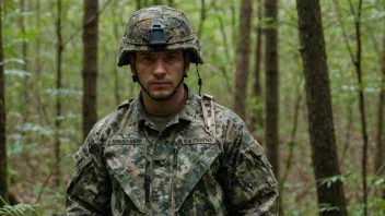 En person i kamuflasjeuniform, stående i en skog, med uniformen kamuflert med trær og løvverk.