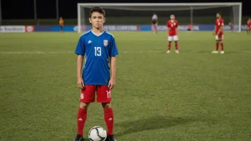 En ung idrettsutøver som står på en fotballbane, iført landslagsdrakt og holder en fotball.