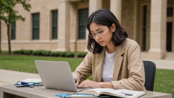 En person som studerer med bøker og en laptop, med en subtil bakgrunn av en skole eller universitetsbygning.