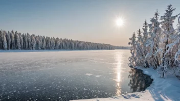 Et fredelig vinterlandskap i Sibir med snødekte trær og en frossen innsjø i bakgrunnen.