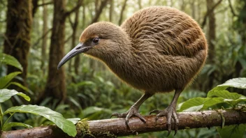 En kivifugl med lang nebb og små vinger i en skog i New Zealand.